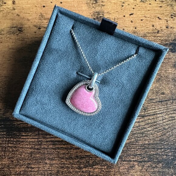 David Yurman Large Pink Heart Pendant Necklace w/ Rhodonite & White Diamonds 18" - Picture 4 of 16